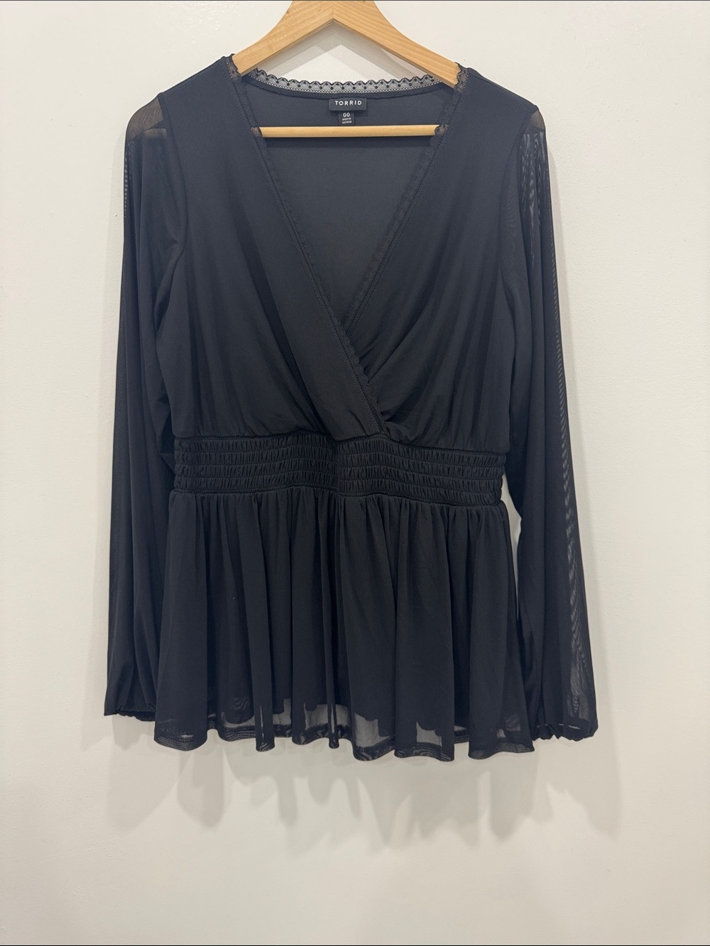 Torrid Black Mesh Wrap Front Peplum Blouse Size 00
